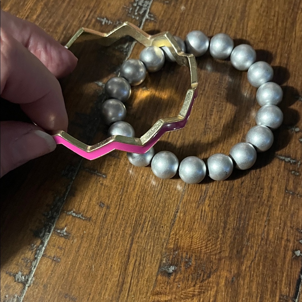 Gold Zigzag Bangle with Pink Enamel Accent and Silver Beaded Bracelet 1421